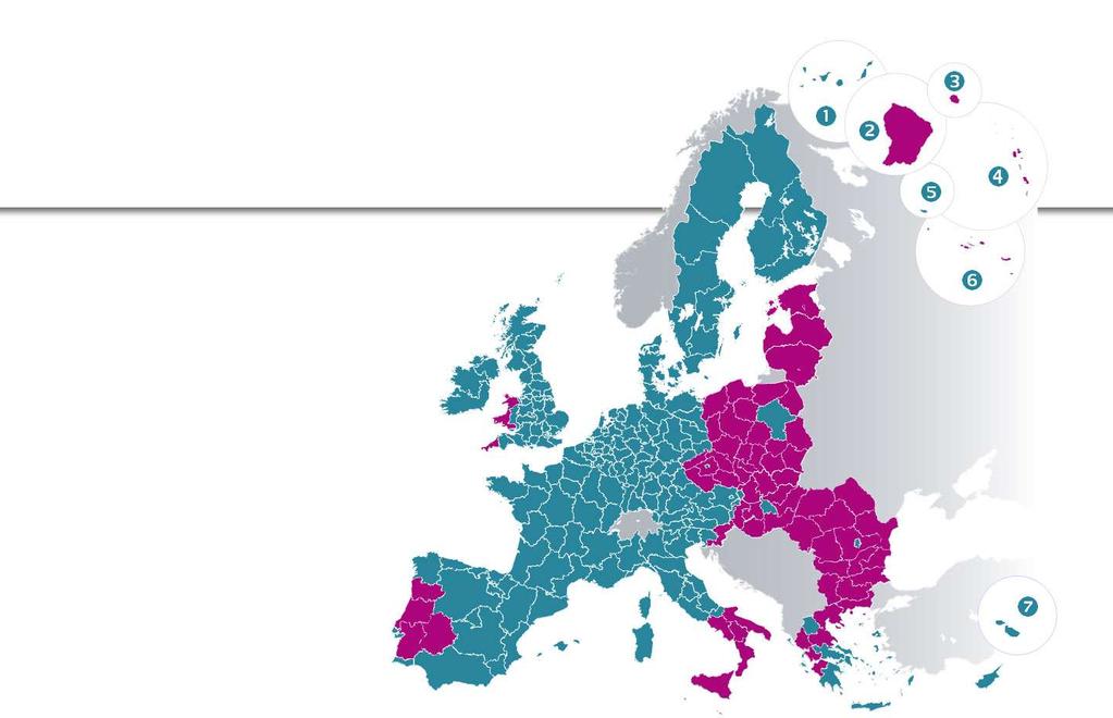 BNP/indbygger* *indeks EU27=100 < 75 % af EUgennemsnittet 75-90 % > 90 % 3 kategorier for regioner Mindre udviklede regioner Udfasningsområder Mere