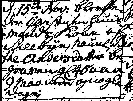 KB Haraldsted (Sorø) 1779 op 254 Peders kone begravet 15/11 D: 15de Nov: blev Peder Christensen Huusmands Kone af Skee Bÿe, naunl Birthe Andersdatter begraven gl: 45 aar 9 maaneder og nogle dage;