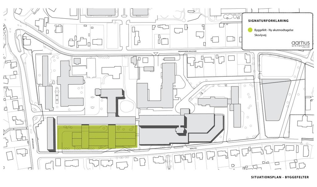 1.2 Placering Projektet placeres indenfor det på nedenstående situationsplan markerede grønne felt. Projektets adresse Skovlyvej 1, 8930 Randers NØ. Matrikel nr. 490b, Randers Markjorder 1.