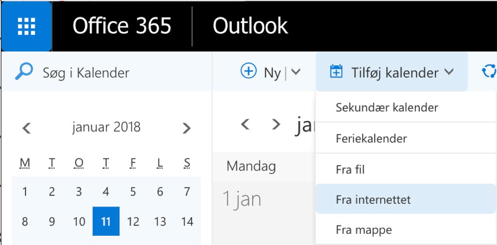 Kalender/skema Underviserne laver skemaet for dine klasser. Du kan importer dette skema til din Office 365 kalender. Gør følgende: 1. Åben din kalender i Office 365 på: portal.office.