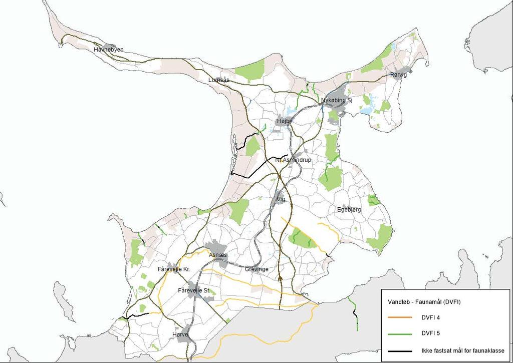 11.0 VAND På kortet ses de målsatte vandløb i Odsherred Kommune. vedtaget i 2016. Vandområdeplanens mål nås dels ved generel statslig regulering og dels ved indsatser iværksat af kommunerne.