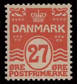 Den 1. juni 1918 steg portoen for anbefalede breve til Sverige og Norge til 27 øre. Postvæsenet besluttede at trykke et bølgelinjefrimærke i rød farve med denne værdi.