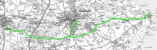 Men i dette scenarie ledes udløbet fra Vojens Renseanlæg til Lillebælt ved Årøsund vist med den grønne linje på nedenstående kort ( Figur