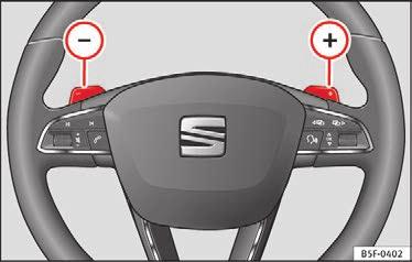 Så snart gearkassen har skiftet til tiptronic, vises gearvælgerpositionen M i kombiinstrumentets display (M4 betyder fx, at bilen er i 4. gear. Vip gearvælgeren fremad mod + Fig.