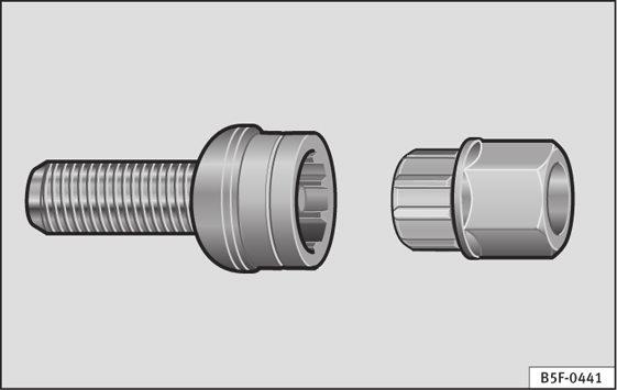 Låsebolte Generelt Løsning af hjulbolte Løft af bil Fig. 71 Låsebolt med dækkappe og adapter Træk henholdsvis centerkapslen* eller dækkappen* af.
