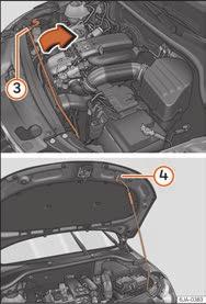 10 Fastgørelse af motorhjelm Åbning af motorhjelmen Motorhjelmen udløses indefra. Inden du åbner motorhjelmen, skal du sikre dig, at viskerarmene ligger ind mod forruden.