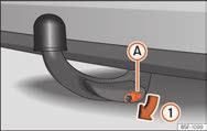 Kørsel Afmontering af aftageligt kuglehoved trin 1 Fig. 259 Aftagning af låseafdækning Afmonter aldrig det aftagelige kuglehoved, hvis anhængeren stadig er tilkoblet.