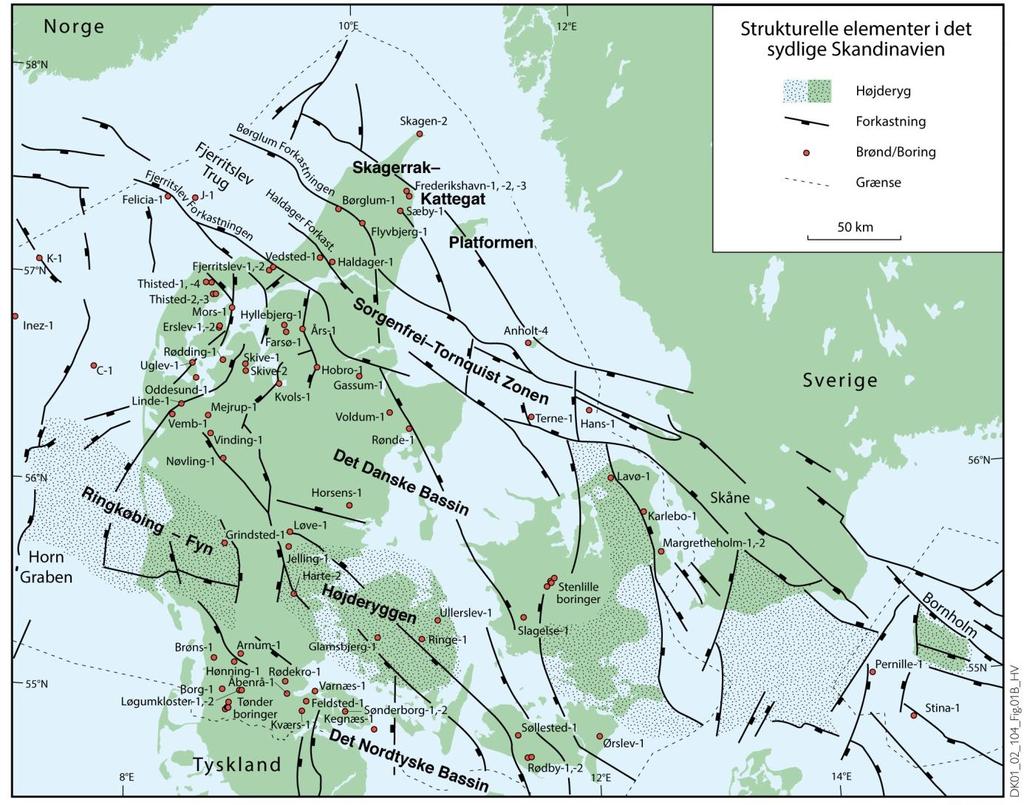 Figur 2: De væsentligste strukturelle elementer i det sydlige Skandinavien inklusiv det Danske Bassin, Sorgenfrei Tornquist Zonen, Skagerrak