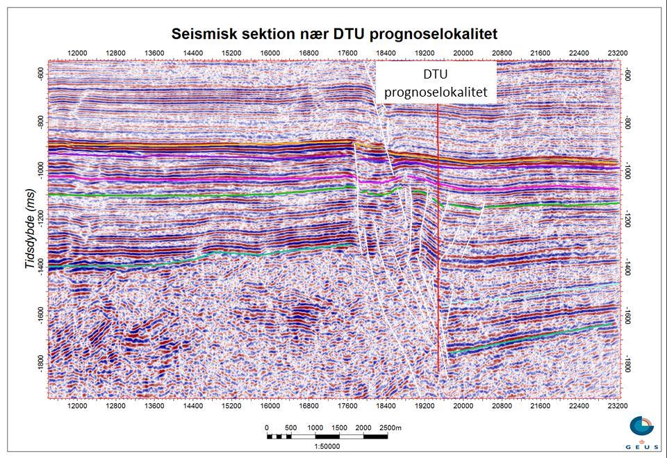 Figur 5: Omtrent vest øst orienteret seismisk profil (HGS-001), der passerer syd om prognoselokaliteten i en afstand af ca. 7 km (Figur 3 og 4).
