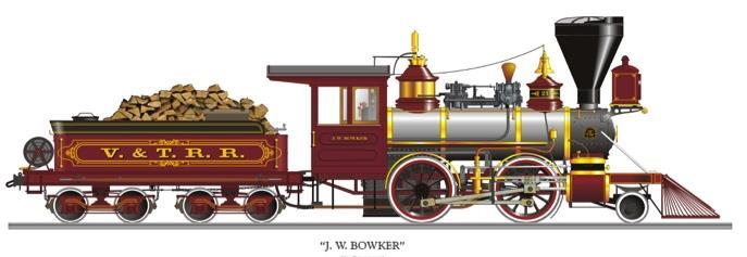 Det røde lokomotiv, der skal til at tanke vand fra vandtårnet, er Nevadas Virginia & Truckee Railroad lokomotiv nr. 21, der hed J.W. Bowker.