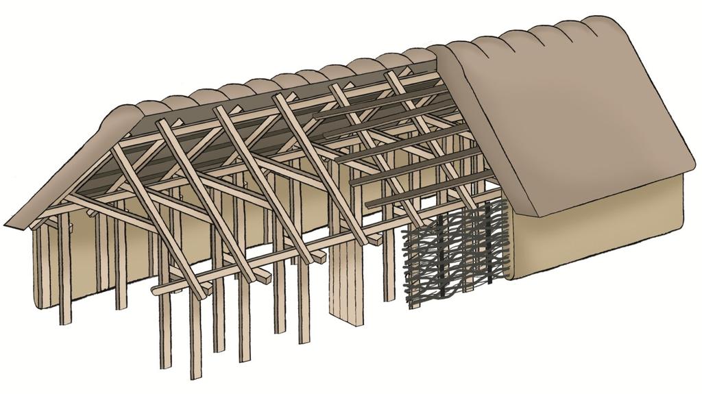Figur 3 Rekonstruktionstegning af et treskibet oldtidshus, hvor husets tagbærende konstruktion bæres af to parallelle rækker af tagbærende stolper i husets indre.