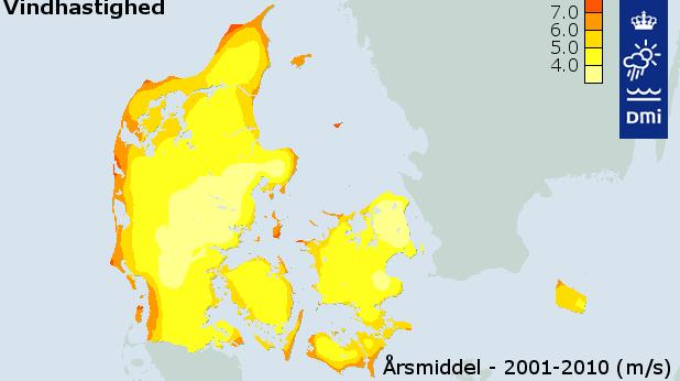 Figur 10 Dele af de kystnære områder rundt Lolland-Falster har årsmiddelvind )over gennemsnit for Danmark (4,7 m/s) Ved kraftig vind vil luftskiftet i en bolig øges pga.