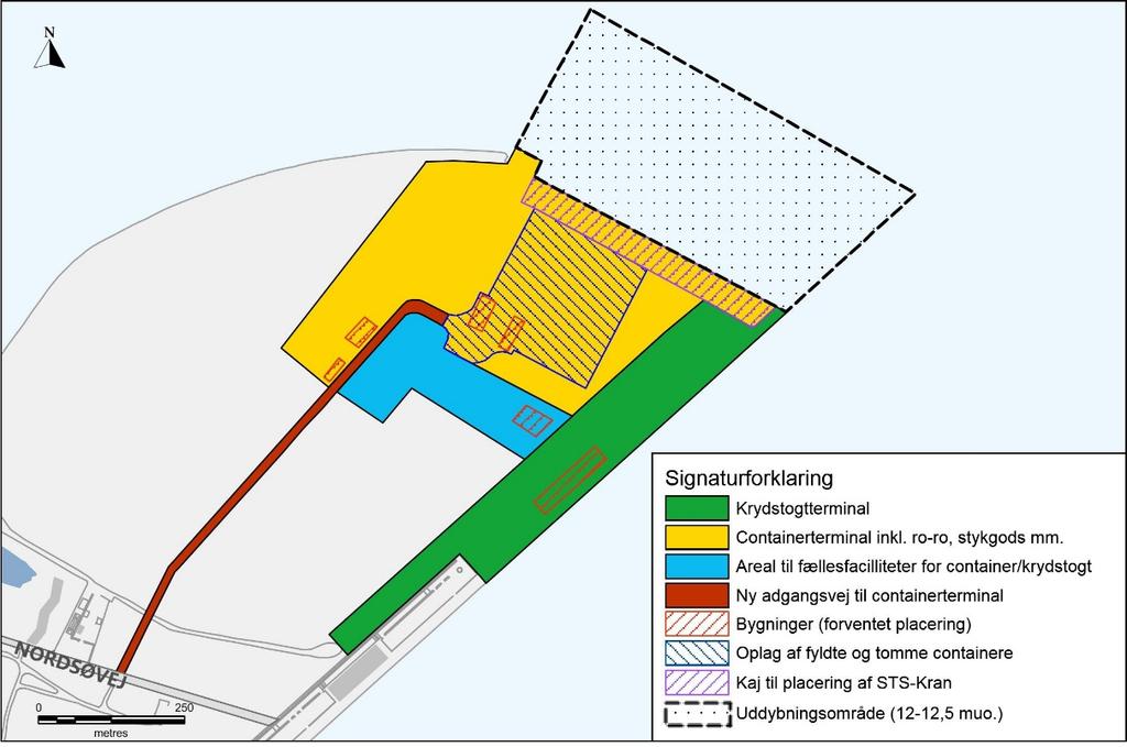 Figur 1 Skitse der viser lokalisering og overordnet indretning af containerterminal og ny krydstogtterminal i Ydre Nordhavn, samt det areal til havs hvor der skal ske en uddybning til en vanddybde på
