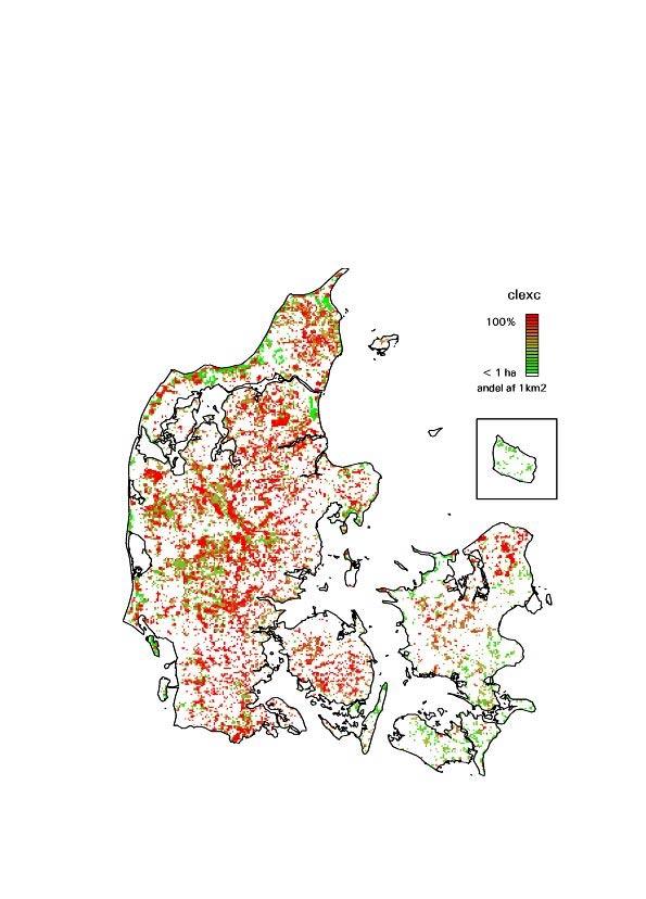 Figur 2.4.3. arealet i Danmark hvor overskridelsen af tålegrænsen for forsuring og/eller eutrofiering er overskredet.