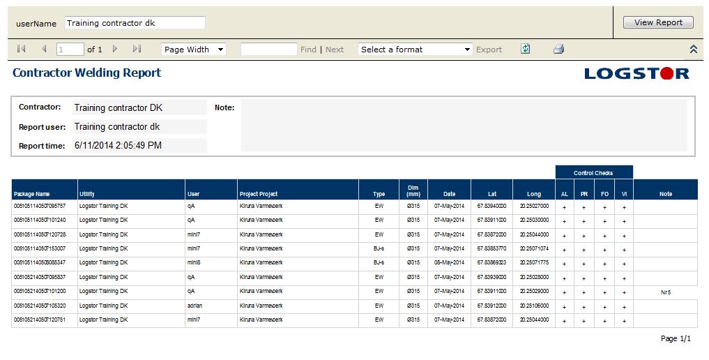 5.4.4 WeldMaster - LOGSTOR WeldMaster - Generelt Portal Svejserapport, fortsat Rapporten kan laves som PDF-, Excel- eller Word-fil.