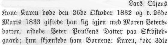 Udklip side 39 fra Viksø Sogns Historie af C. Carstensen 1884 Steenleengaard: Omskrivning af side 39: Lars Olsens Kone Karen døde den 26de Oktober 1832 og d.