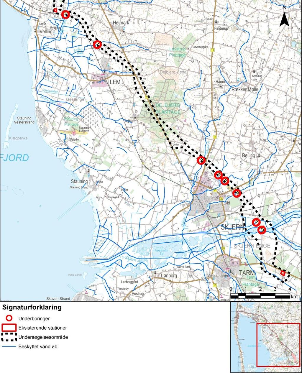 Figur 15: Kort over mulige underboringer af beskyttede vandløb, på strækningen fra Station Lem Kær til Station Stoustrup.