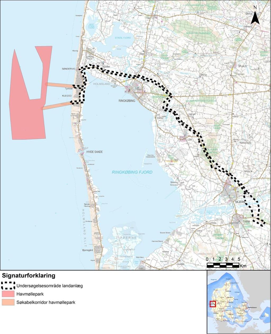 Figur 1: Undersøgelsesområdet for Vesterhav Syd Havmøllepark. Anlæg på havet Vesterhav Syd Havmøllepark skal placeres inden for et 60 km² stort undersøgelsesområde, der ligger ca.