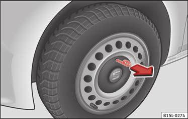 Generelt Centerkapsel Hjulkapsel Hjulboltenes kapper Fig. 50 Sådan trækkes centerkapslen af stålfælgen. For at du kan komme til hjulboltene, skal centerkapslen trækkes af.