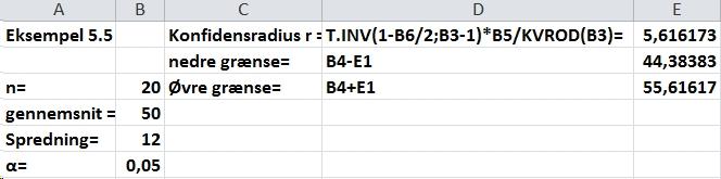 5.3 Konfidensinterval for middelværdi b) 95% konfidensinterval: hvor r = 0.253 [8.268-0.253 ; 8.268 + 0.253] = [8.02 ; 8.52] Da intervallet indeholder 8.