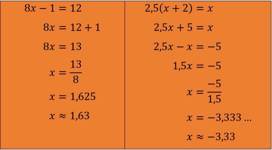 8. 4,5x - 1,7x + 3,2x = 180 9. 2,5(2x - 4) = 3(x + 14) 10. 157x - 13-23x = 14x + 2456-69 Smelltu hér til að sjá svör við dæmum 1-10. Ekki eru lausnir alltaf heiltölur eins og hér á undan.