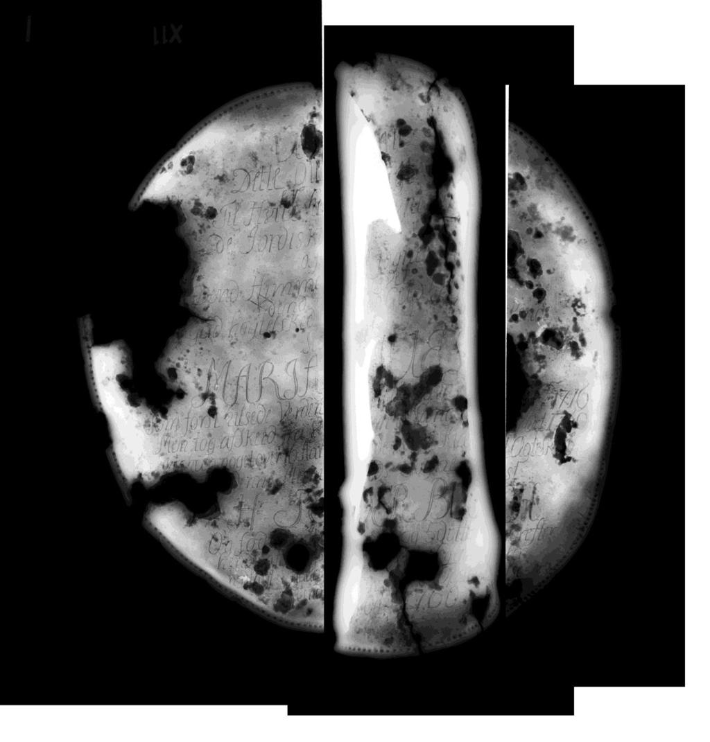 Figur 24: Røntgenfotografering af kisteplade 2 (x11). X11 Evt. navneplade for Peder Buscks 2. kone? Navnet Maria ses tydeligt.