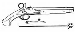 Pallaskgehæng og sabeltaske Pallaskgehæng er i sortlakeret læder med to sabelbæreremme, ophængskrog af jern og firkantet lås af nysølv, hvorpå rigsvåbnet i messing samt ringe og spænder af nysølv.