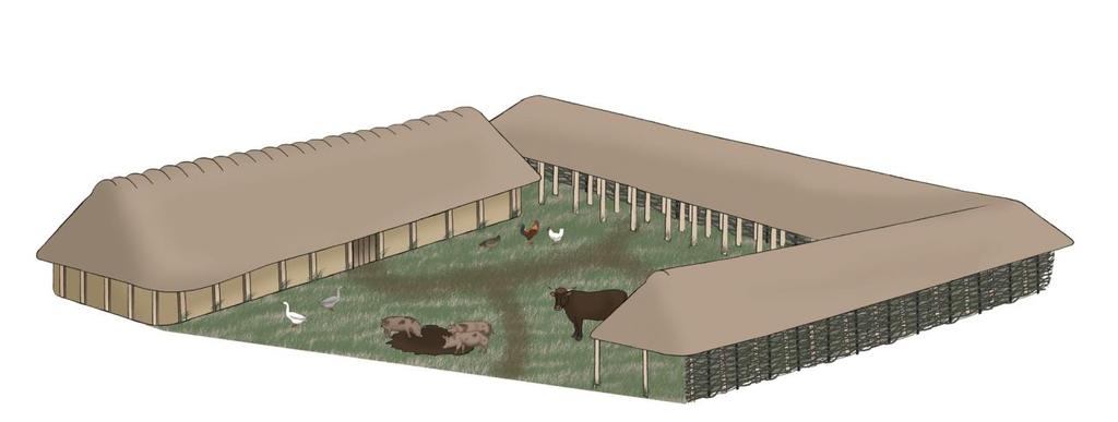 Konstruktionsbeskrivelser: Der er fundet 3 langhuse i den nordlige del af udgravningsområdet samt et gårdsanlæg, beliggende mod syd, bestående af et langhus med omgivende hegn.
