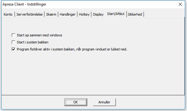 2.8 Start / Afslut Start-op med Windows: Start Client programmet samtidig med login i Windows. Start i systembakken: Start Client programmet i systemproceslinjen, (nederste højre hjørne i skærmen).