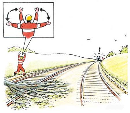1.18. Faresituationer Hvis sporet bliver spærret - f.eks. af et væltet træ - kan tog stoppes med håndsignal STOP. Håndsignal "STOP" imod et tog betyder for lokomotivføreren, at der skal farebremses.
