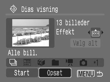 150 Afspilning/sletning Justering af indstillingerne Sek.mel.billede og Gentag Sek.mel.billede Indstiller den tid, som hvert billede vises i.