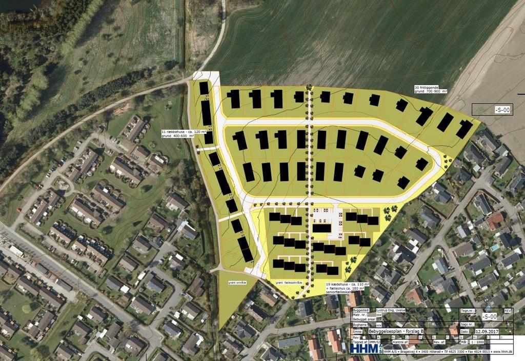 Skitse med udkast til bebyggelse for Uvelse Nord. HHM ønsker, at lokalplanen åbner mulighed for fleksibilitet i boligtypen alt efter efterspørgslen. Der foreslås vejadgang via Lystrupvej.