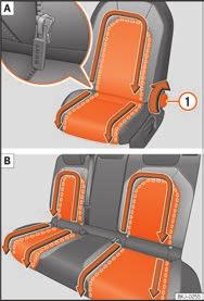 Aftagelige skånebetræk til sæderne Fig. 151 Afmonter aftagelige skånebetræk. Sæde foran til venstre; sæder bagi Betjening Fig.