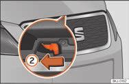 Sikkerhedskrogene frigøres. Tag stangen, der skal holde motorhjelmen oppe, ud, og sæt den i holderen i motorhjelmen.