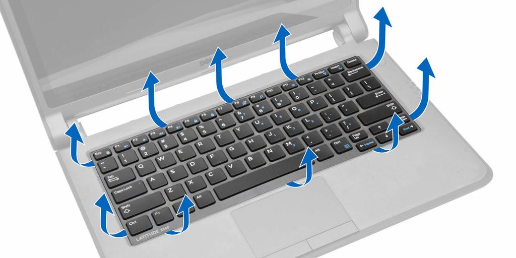 3. Fjern tastaturrammen fra computeren. Sådan installeres tastaturrammen 1. Ret tastaturrammen ind på dens plads. 2. Tryk langs tastaturrammens sider, indtil den klikker på plads. 3.