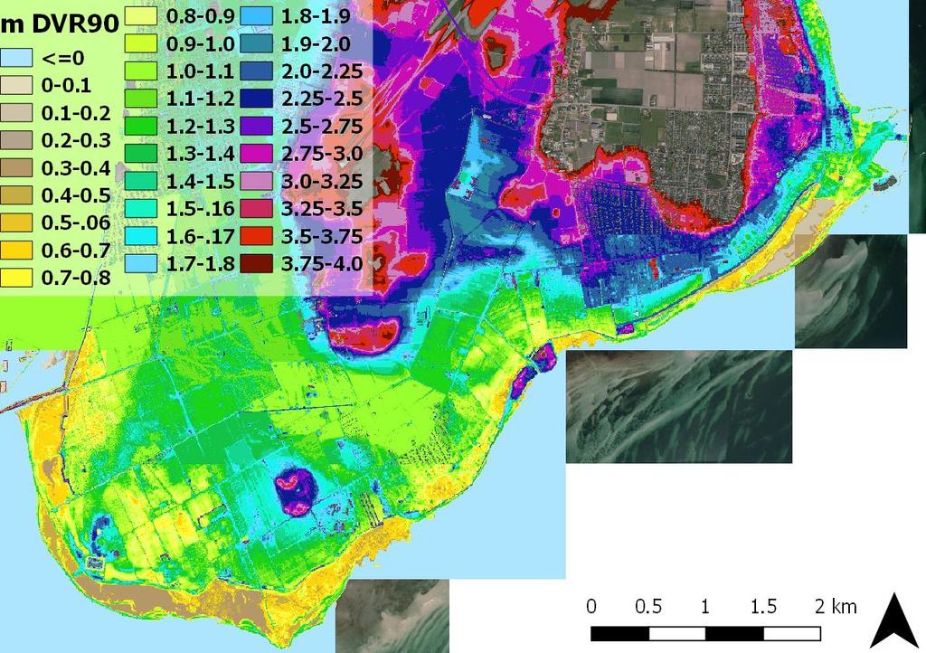 Baggrundskort: Orthofoto 2016, Geodatastyrelsen, WMS-tjeneste Bag strandengen ligger der, især i den sydlige del af Dragør, store lave områder mellem kote +0,5 og +1,5 m DVR90 med skov,
