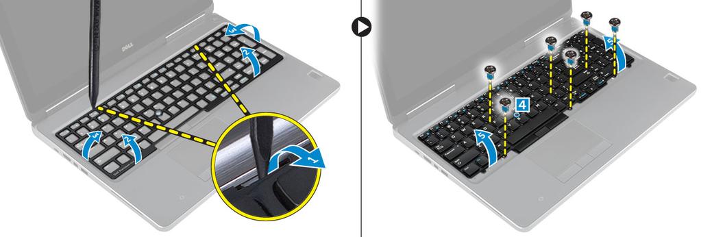 4 Udfør følgende trin som vist på illustrationen: a Lirk tastaturrammen løs startende fra bunden, lirk op til topkanten og fjern tastaturrammen fra computeren [1, 2, 3].