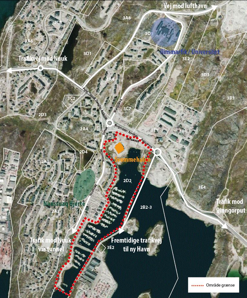 2C3-1 NUUK REDEGØRELSE At udlægge 4 byggefelter, der med deres placering og samspil med kyststien/havnefronten skaber en urban helhed i området. At sikre svømmehallen udvidelsesmuligheder.