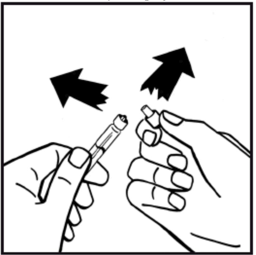 6. Fjern beskyttelsespapiret fra pakningen med den fyldte injektionssprøjte. Hold i enden af stemplet, og rør ikke ved stempelstangen. Skru stempelstangens gevind på solvenssprøjtens stempel.