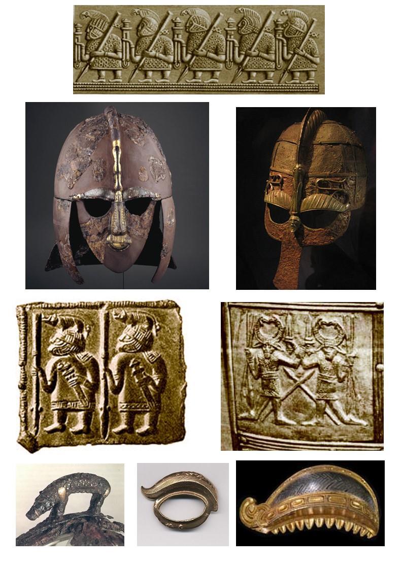 3. Romerne, germanerne og Skandinavien Øverste række er en krigerkolonne på en hjelmplade. Anden række er hjelme fra bådgravene Sutton Hoo i East Anglia ca.