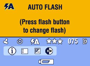 Kom i gang Skærmen Flash/Status (Blitz/status) Tryk på knappen Flash/Status (Blitz/Status). Ikonerne for den aktuelle kamerastatus vises i nederste halvdel af skærmen Flash (Blitz).