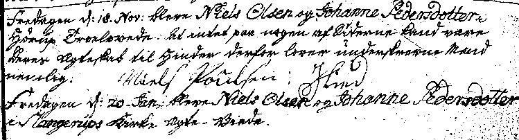 Johanne Pedersdatters (Bendt Pedersens 2. hustru) 2. ægteskab - gift med Niels Olsen EB Slangerup (Frederiksborg) 1725-1798, 1769 op 54 Johanne Pedersdatter gift 2. gang 20/1 1769 Fredagen d: 18.