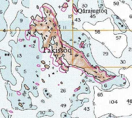 Figur 2. Sammenligning mellem ny digital og korrekt GPS-placeret kystlinje (rød streg) og gamle søkort (sort streg).