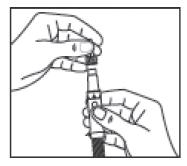 Hold sprøjten med nålen i en lodret position. Stemplet skal være trukket helt ud i yderste position. 4. Hold sprøjten som vist på tegningen nedenfor og drej stemplet mod højre til det stopper.