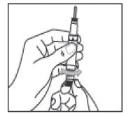 Brug ikke opløsningen, hvis den er uklar eller indeholder partikler. 5. Hold sprøjten med nålen opad. Fjern forsigtigt den indre beskyttelseshætte fra nålen. Kontrollér, at nålen ikke er bøjet.