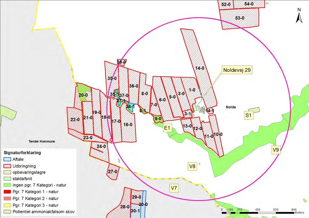 Kort 1. Placering af naturområder omfattet af husdyrlovens 7. Den lyserøde cirkel angiver en radius på 1.000 meter omkring anlægget.