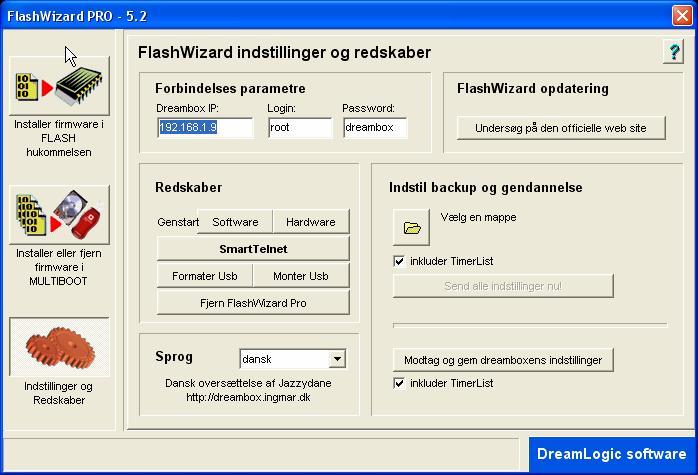Flashwizard ver 5.2 Programmet kræver du har din Dreambox oppe og kører med et image og du har sat din ip ind osv. Hvis du vælger at klikke her kan du gemme dine settings (kanalerne).