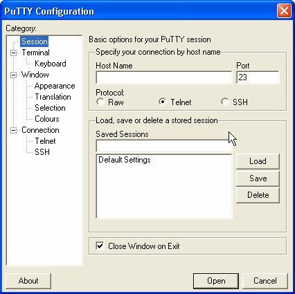PuTTY ver. 0.54 beta Putty er en Telnet klient, der både benytter sig af SSH og normale telnet forbindelser. Programmet kan køres direkte fra programfilen og skal ikke installeres på computeren.