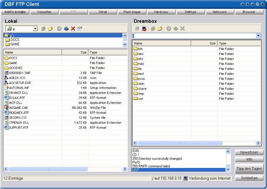 FTP-Client: DreamBox DM7000 Med FTP-Clienten har du mulighed for at hente eller overføre data til og fra DreamBoxen. Lige som i explorer kan du trække data fra det ene vindue til det andet.