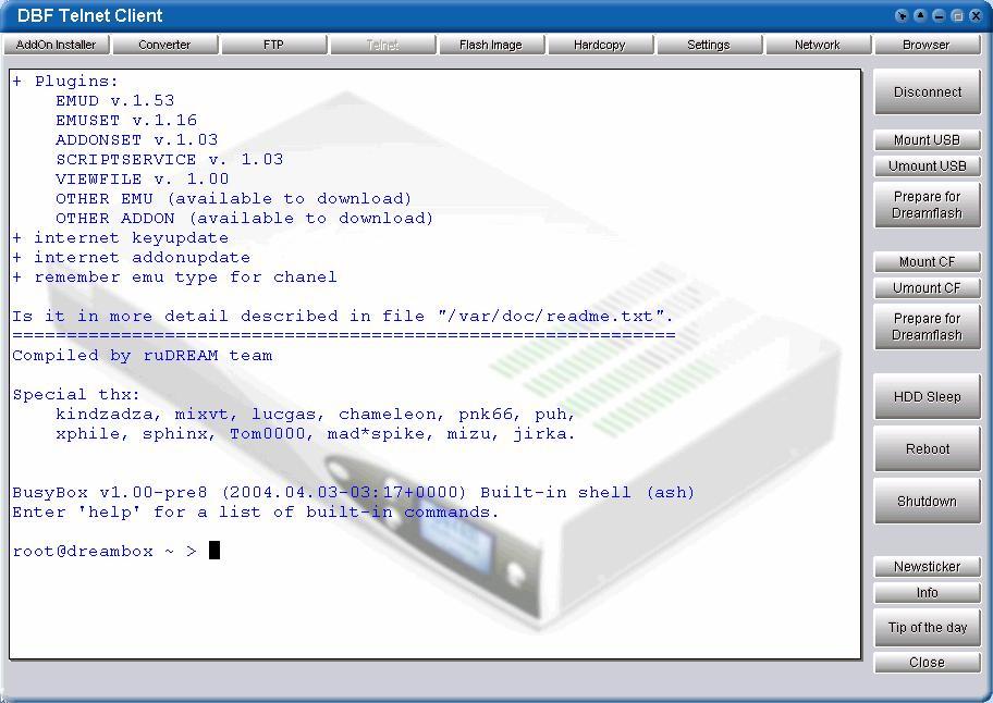 Telnet-Client DreamBox DM7000 Med telnet har du mulighed for at udføre alle de forskellige kommandoer til DreamBoxen. Til de mest almindelige kommandoer er der lavet knapper til dem.